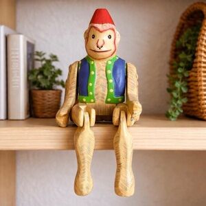 Vintage Fez Shelf Sitting Hand Carved Hand Painted Wooden Monkey